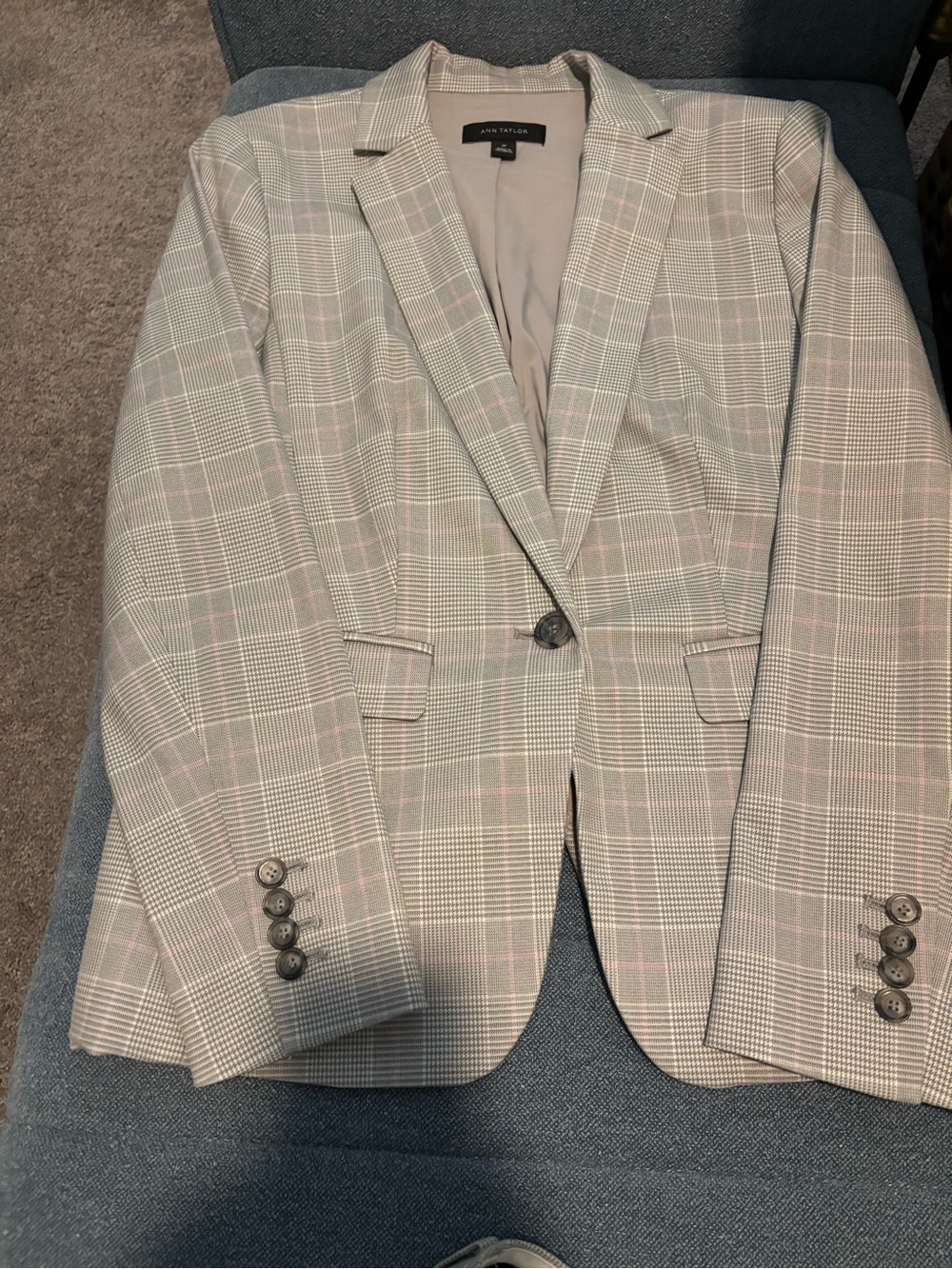 Ann Taylor Gray Plaid Single-Button Blazer with Pink Windowpane